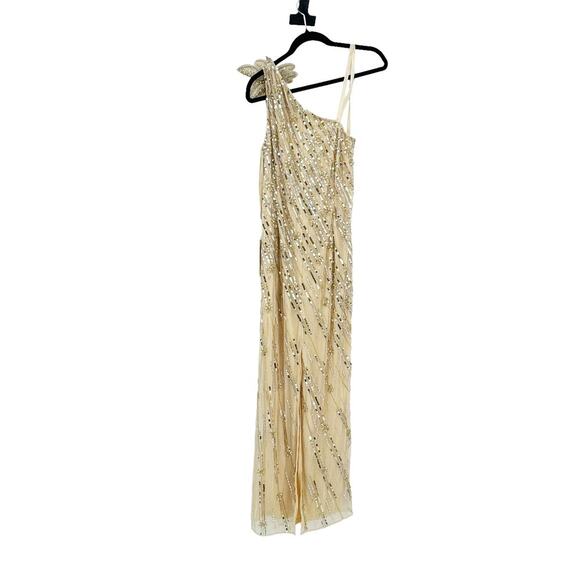 MAC DUGGAL Gold Embellished Floral Detail One Shoulder Gown Size 14 NWT - Picture 7 of 13